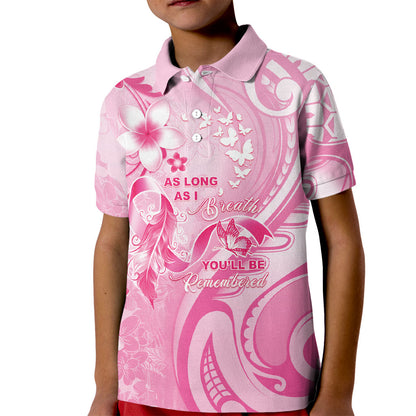 Personalised Memorial Pink Breast Cancer Support Kid Polo Shirt Plumeria Floral Tribal Pattern