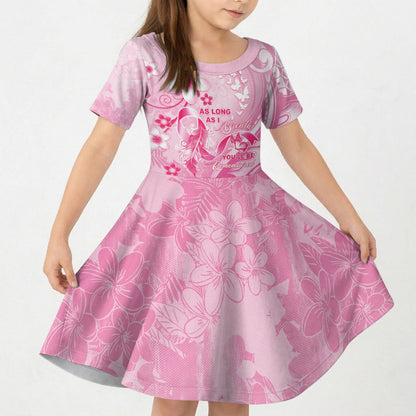 Personalised Memorial Pink Breast Cancer Support Kid Short Sleeve Dress Plumeria Floral Tribal Pattern