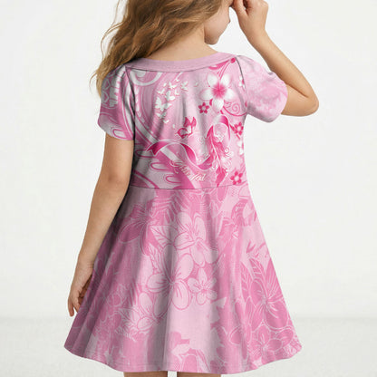 Personalised Memorial Pink Breast Cancer Support Kid Short Sleeve Dress Plumeria Floral Tribal Pattern
