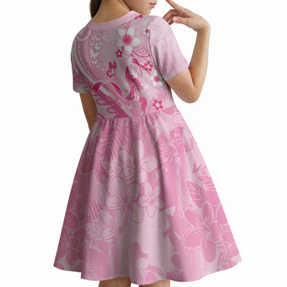 Personalised Memorial Pink Breast Cancer Support Kid Short Sleeve Dress Plumeria Floral Tribal Pattern