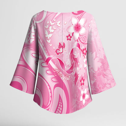 Personalised Memorial Pink Breast Cancer Support Kimono Sleeve Blouse Plumeria Floral Tribal Pattern