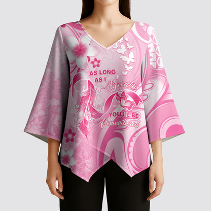 Personalised Memorial Pink Breast Cancer Support Kimono Sleeve Blouse Plumeria Floral Tribal Pattern