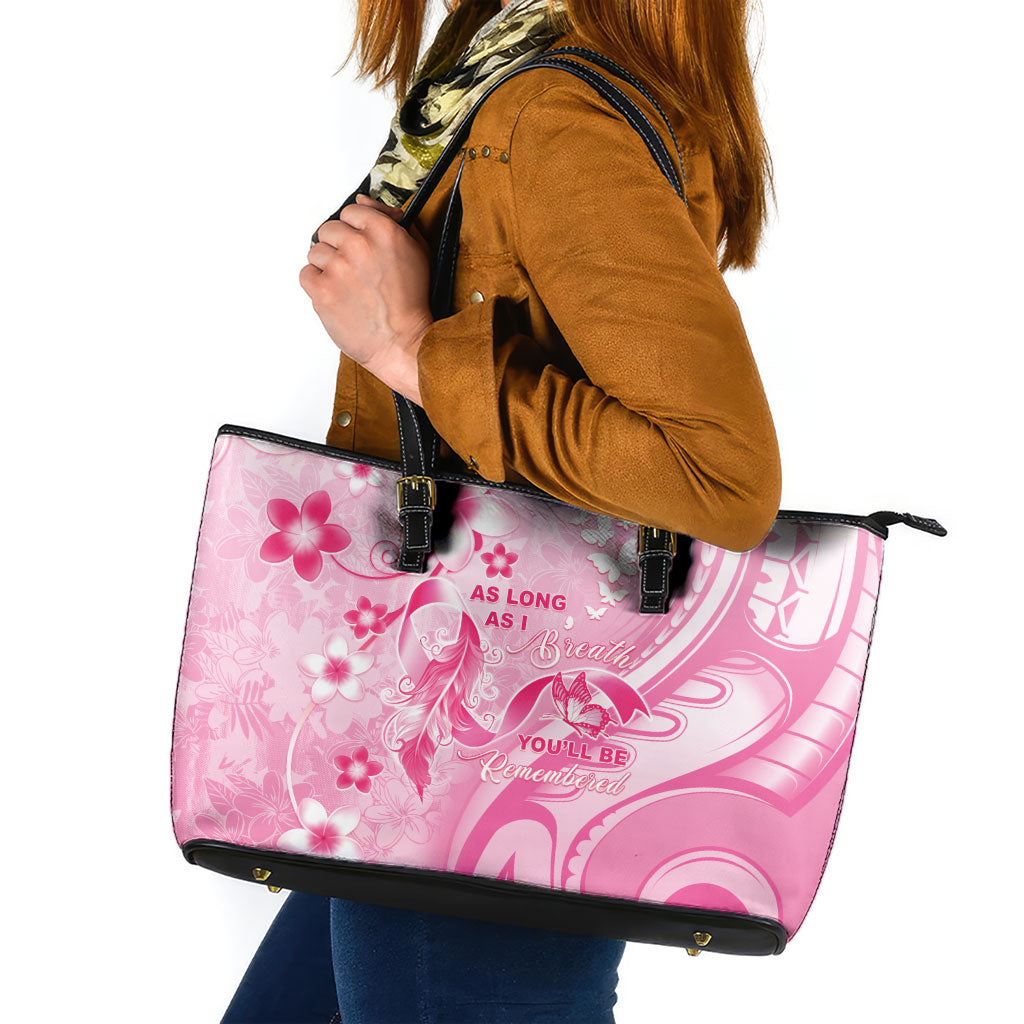 Memorial Pink Breast Cancer Support Leather Tote Bag Plumeria Floral Tribal Pattern