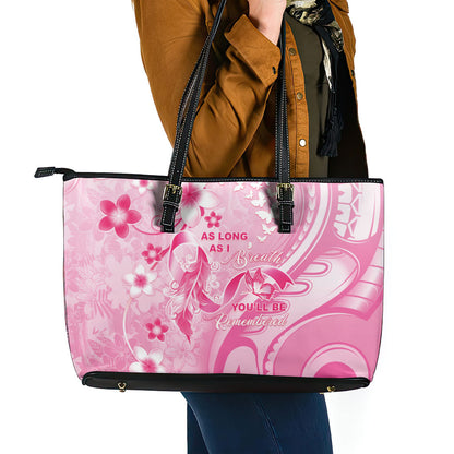 Memorial Pink Breast Cancer Support Leather Tote Bag Plumeria Floral Tribal Pattern