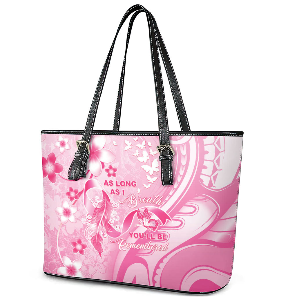 Memorial Pink Breast Cancer Support Leather Tote Bag Plumeria Floral Tribal Pattern