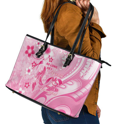 Memorial Pink Breast Cancer Support Leather Tote Bag Plumeria Floral Tribal Pattern