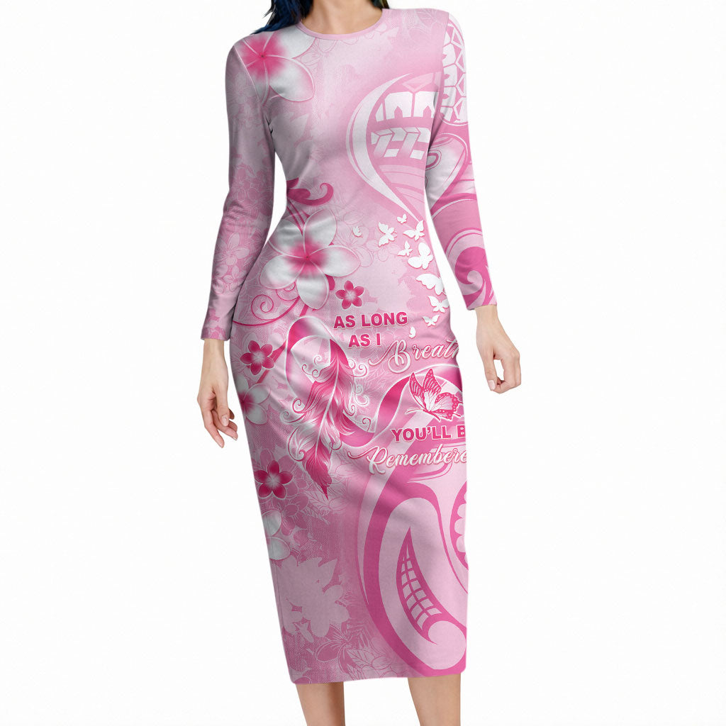 Personalised Memorial Pink Breast Cancer Support Long Sleeve Bodycon Dress Plumeria Floral Tribal Pattern