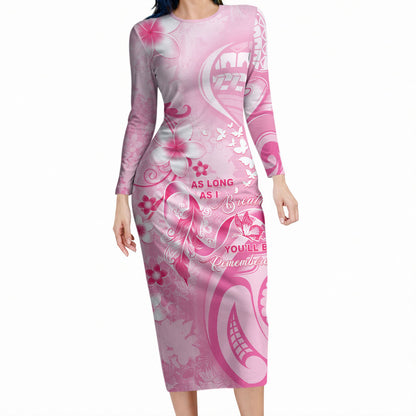 Personalised Memorial Pink Breast Cancer Support Long Sleeve Bodycon Dress Plumeria Floral Tribal Pattern