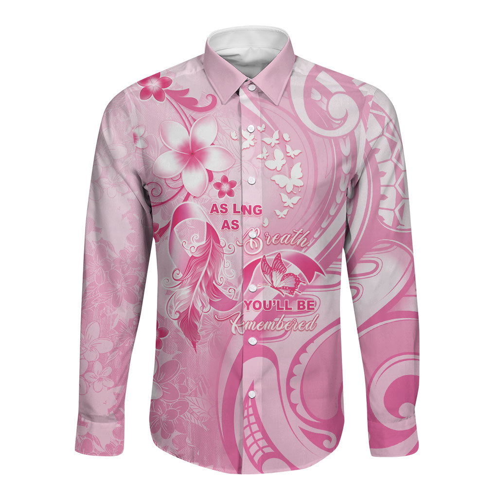 Personalised Memorial Pink Breast Cancer Support Long Sleeve Button Shirt Plumeria Floral Tribal Pattern