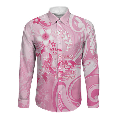 Personalised Memorial Pink Breast Cancer Support Long Sleeve Button Shirt Plumeria Floral Tribal Pattern