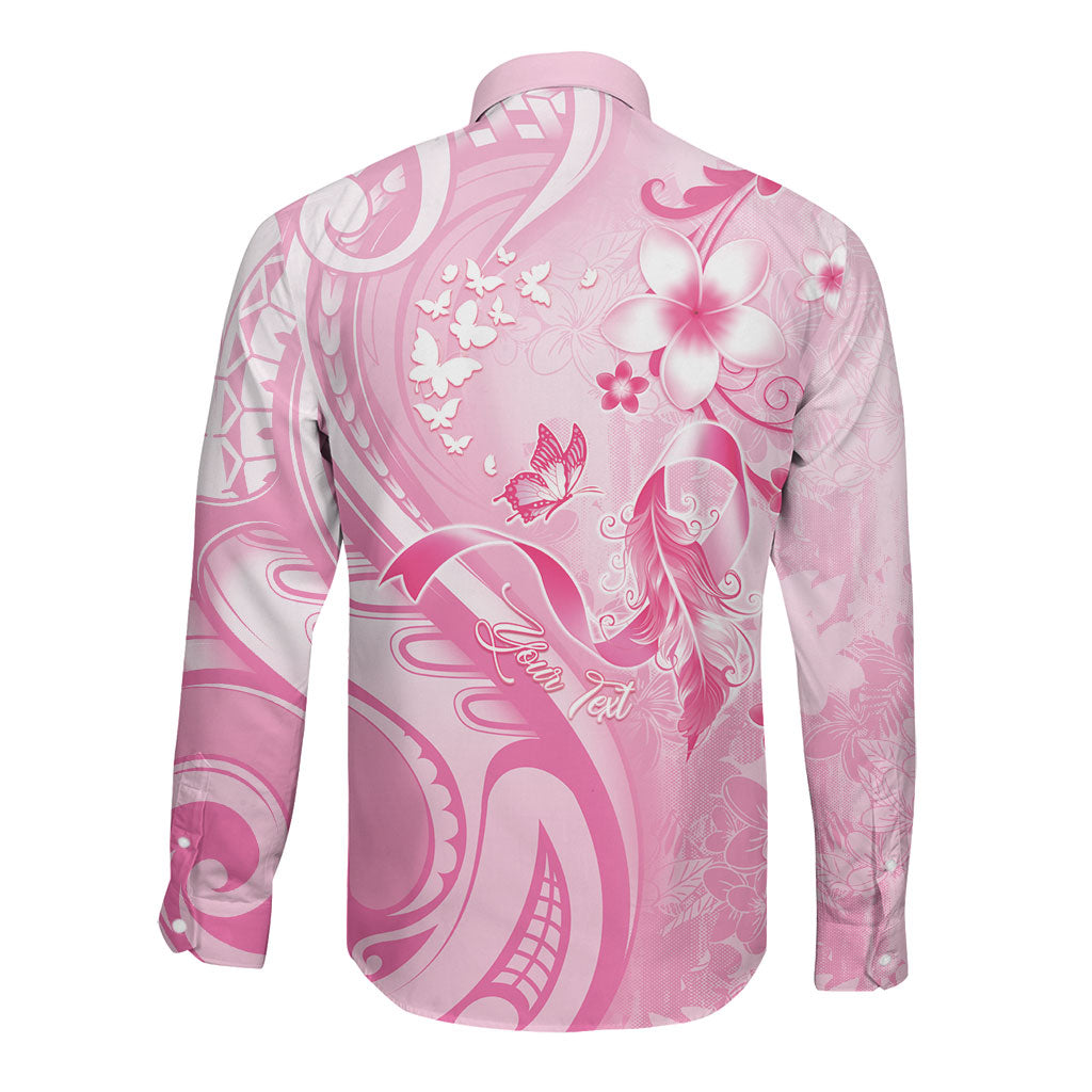 Personalised Memorial Pink Breast Cancer Support Long Sleeve Button Shirt Plumeria Floral Tribal Pattern