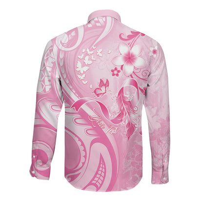 Personalised Memorial Pink Breast Cancer Support Long Sleeve Button Shirt Plumeria Floral Tribal Pattern