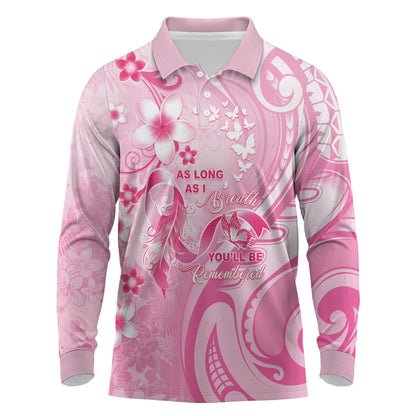 Personalised Memorial Pink Breast Cancer Support Long Sleeve Polo Shirt Plumeria Floral Tribal Pattern
