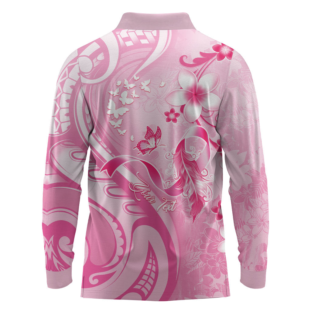 Personalised Memorial Pink Breast Cancer Support Long Sleeve Polo Shirt Plumeria Floral Tribal Pattern