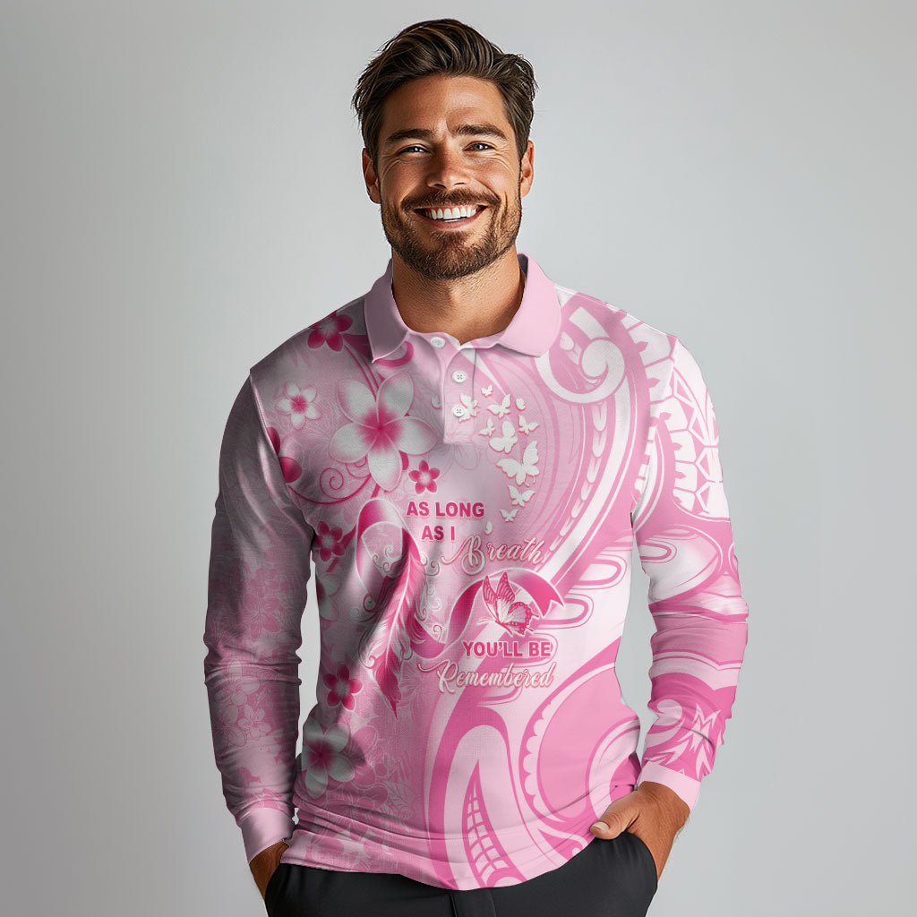 Personalised Memorial Pink Breast Cancer Support Long Sleeve Polo Shirt Plumeria Floral Tribal Pattern