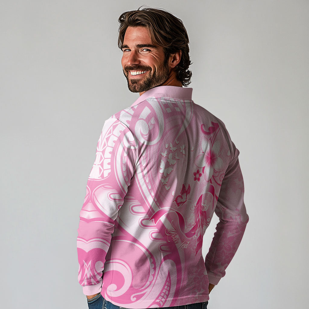 Personalised Memorial Pink Breast Cancer Support Long Sleeve Polo Shirt Plumeria Floral Tribal Pattern