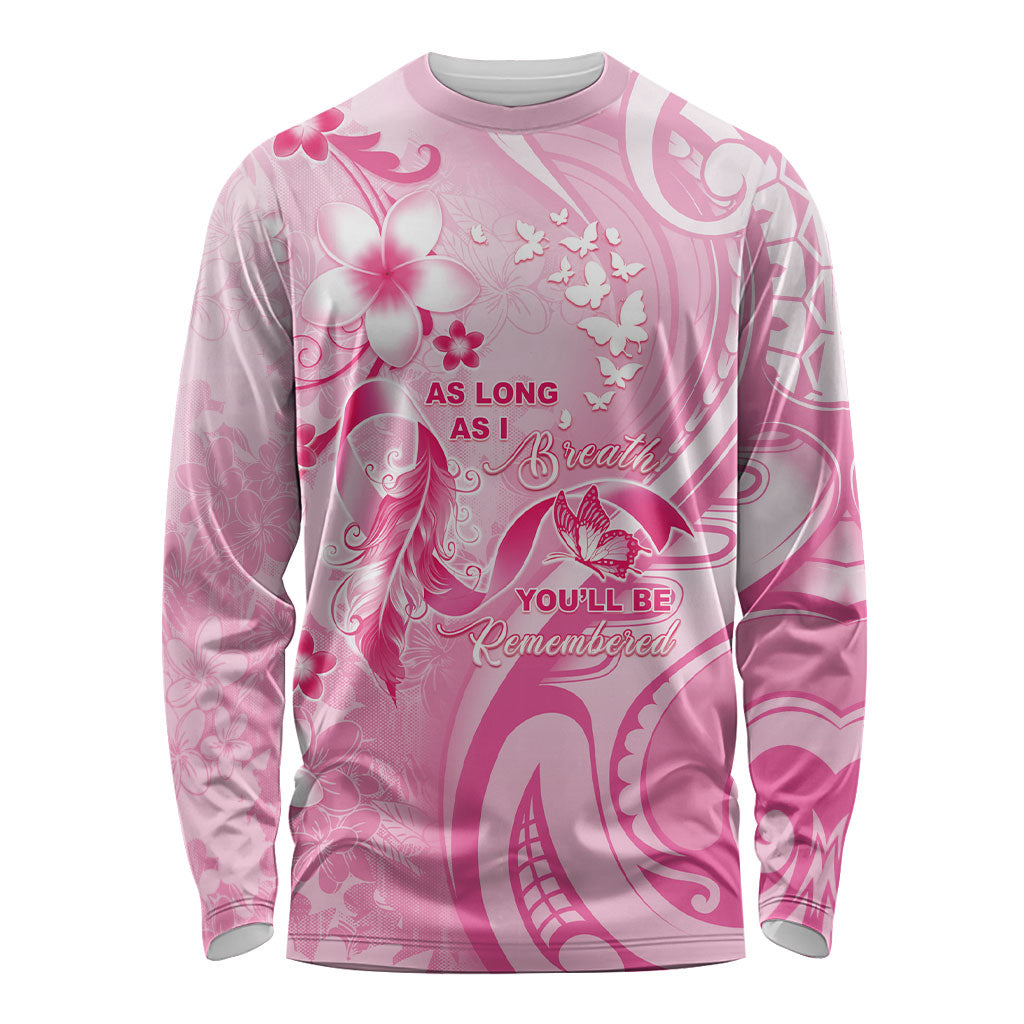 Personalised Memorial Pink Breast Cancer Support Long Sleeve Shirt Plumeria Floral Tribal Pattern