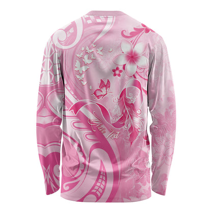 Personalised Memorial Pink Breast Cancer Support Long Sleeve Shirt Plumeria Floral Tribal Pattern