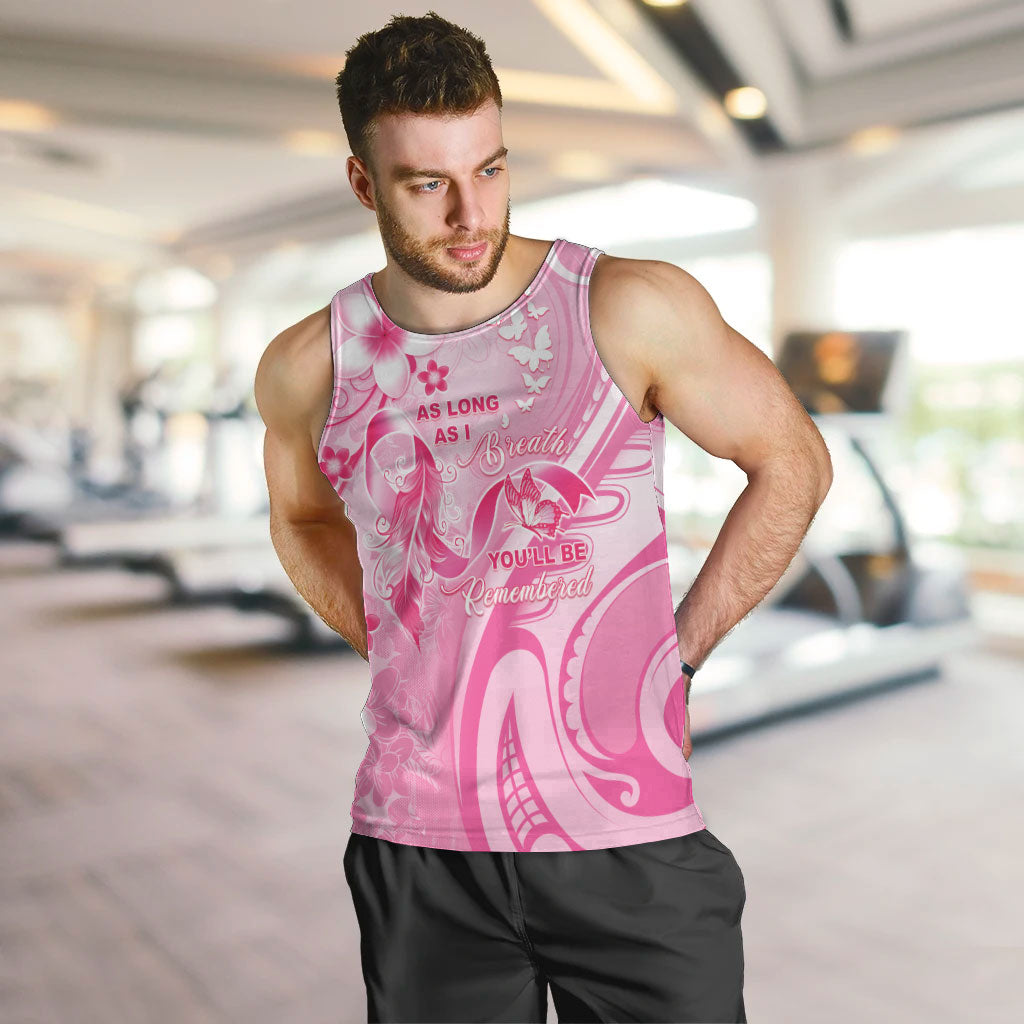Personalised Memorial Pink Breast Cancer Support Men Tank Top Plumeria Floral Tribal Pattern