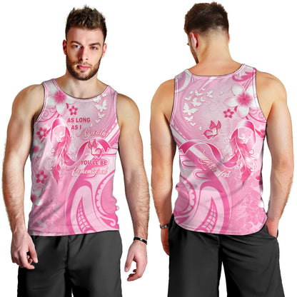 Personalised Memorial Pink Breast Cancer Support Men Tank Top Plumeria Floral Tribal Pattern