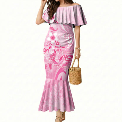 Personalised Memorial Pink Breast Cancer Support Mermaid Dress Plumeria Floral Tribal Pattern