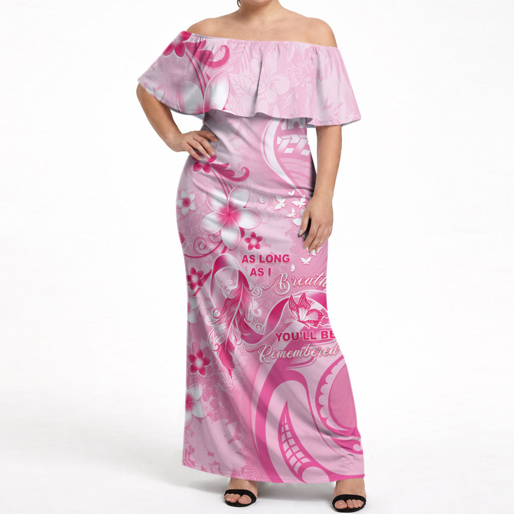 Personalised Memorial Pink Breast Cancer Support Off Shoulder Maxi Dress Plumeria Floral Tribal Pattern