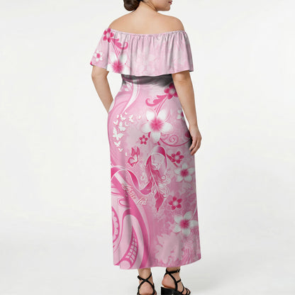 Personalised Memorial Pink Breast Cancer Support Off Shoulder Maxi Dress Plumeria Floral Tribal Pattern