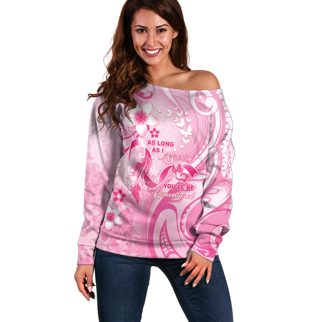 Personalised Memorial Pink Breast Cancer Support Off Shoulder Sweater Plumeria Floral Tribal Pattern