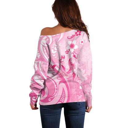 Personalised Memorial Pink Breast Cancer Support Off Shoulder Sweater Plumeria Floral Tribal Pattern