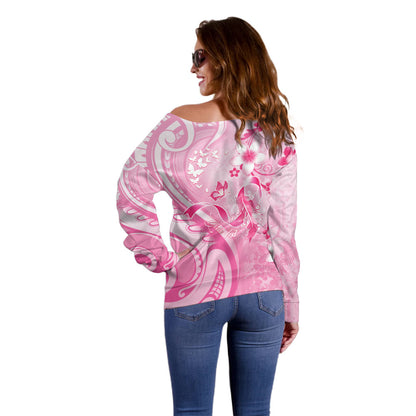 Personalised Memorial Pink Breast Cancer Support Off Shoulder Sweater Plumeria Floral Tribal Pattern