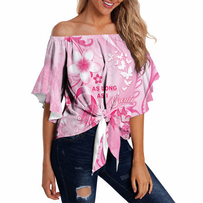 Personalised Memorial Pink Breast Cancer Support Off Shoulder Wrap Waist Top Plumeria Floral Tribal Pattern