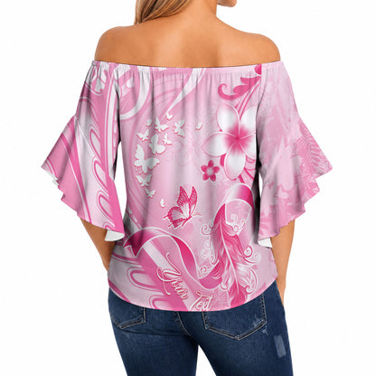 Personalised Memorial Pink Breast Cancer Support Off Shoulder Wrap Waist Top Plumeria Floral Tribal Pattern