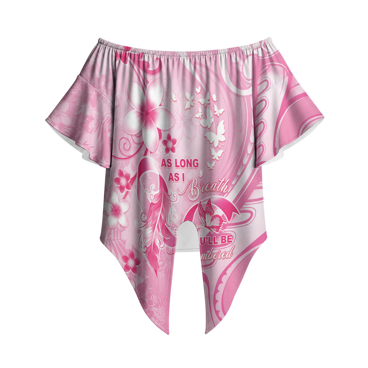 Personalised Memorial Pink Breast Cancer Support Off Shoulder Wrap Waist Top Plumeria Floral Tribal Pattern
