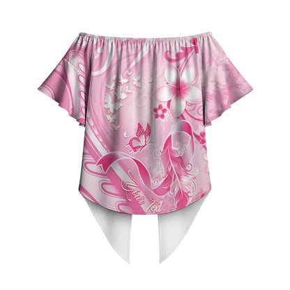 Personalised Memorial Pink Breast Cancer Support Off Shoulder Wrap Waist Top Plumeria Floral Tribal Pattern