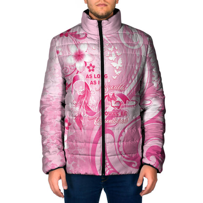 Personalised Memorial Pink Breast Cancer Support Padded Jacket Plumeria Floral Tribal Pattern