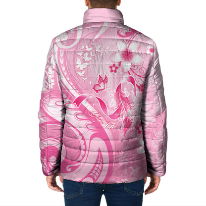 Personalised Memorial Pink Breast Cancer Support Padded Jacket Plumeria Floral Tribal Pattern