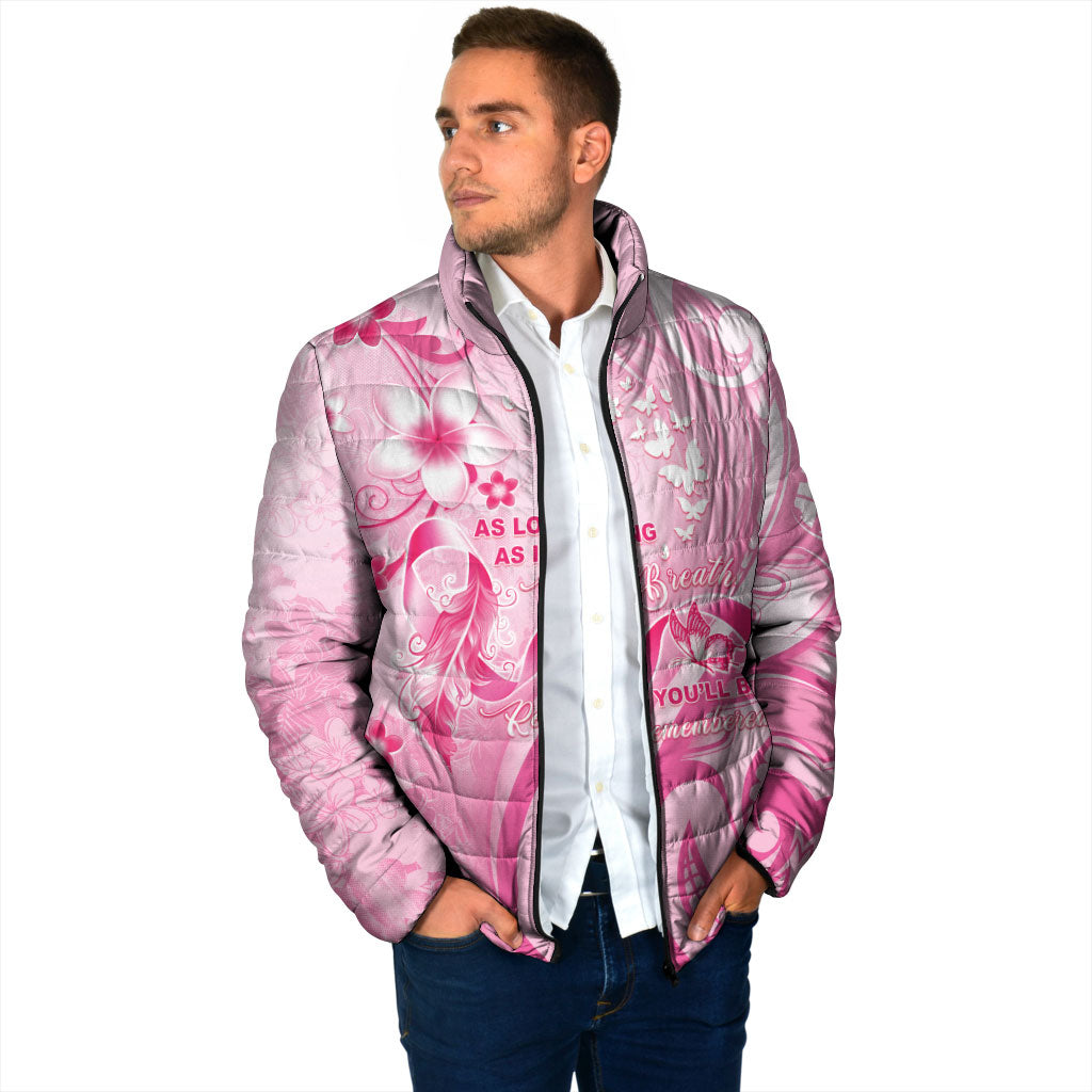 Personalised Memorial Pink Breast Cancer Support Padded Jacket Plumeria Floral Tribal Pattern