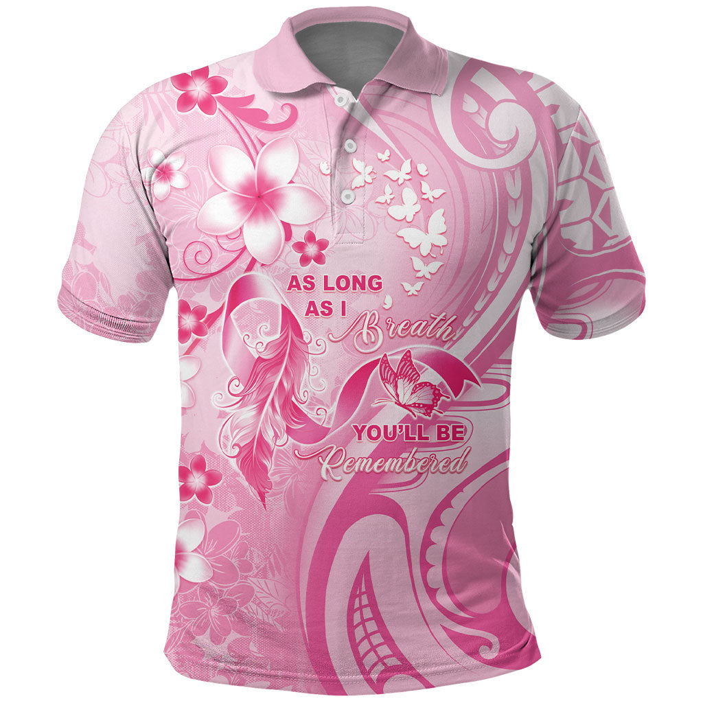 Personalised Memorial Pink Breast Cancer Support Polo Shirt Plumeria Floral Tribal Pattern