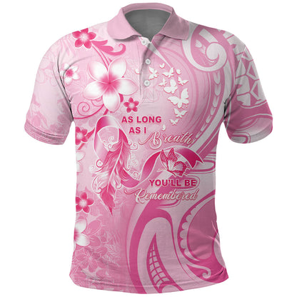 Personalised Memorial Pink Breast Cancer Support Polo Shirt Plumeria Floral Tribal Pattern
