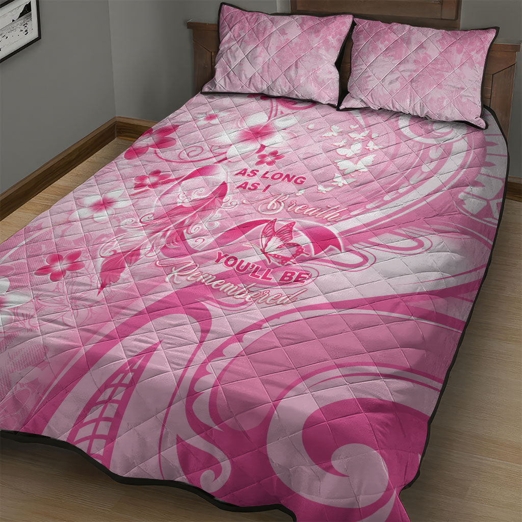 Memorial Pink Breast Cancer Support Quilt Bed Set Plumeria Floral Tribal Pattern