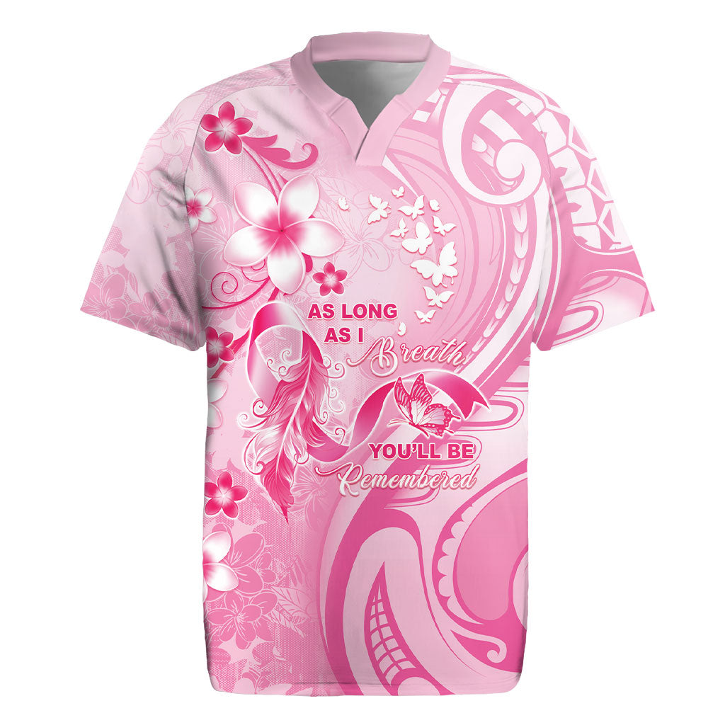 Personalised Memorial Pink Breast Cancer Support Rugby Jersey Plumeria Floral Tribal Pattern