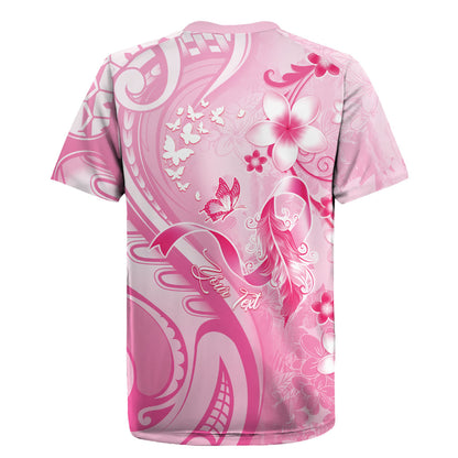 Personalised Memorial Pink Breast Cancer Support Rugby Jersey Plumeria Floral Tribal Pattern