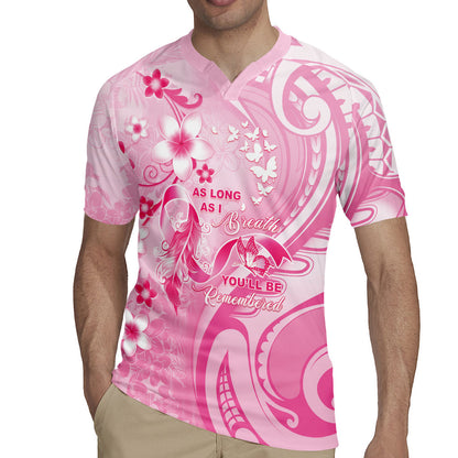 Personalised Memorial Pink Breast Cancer Support Rugby Jersey Plumeria Floral Tribal Pattern