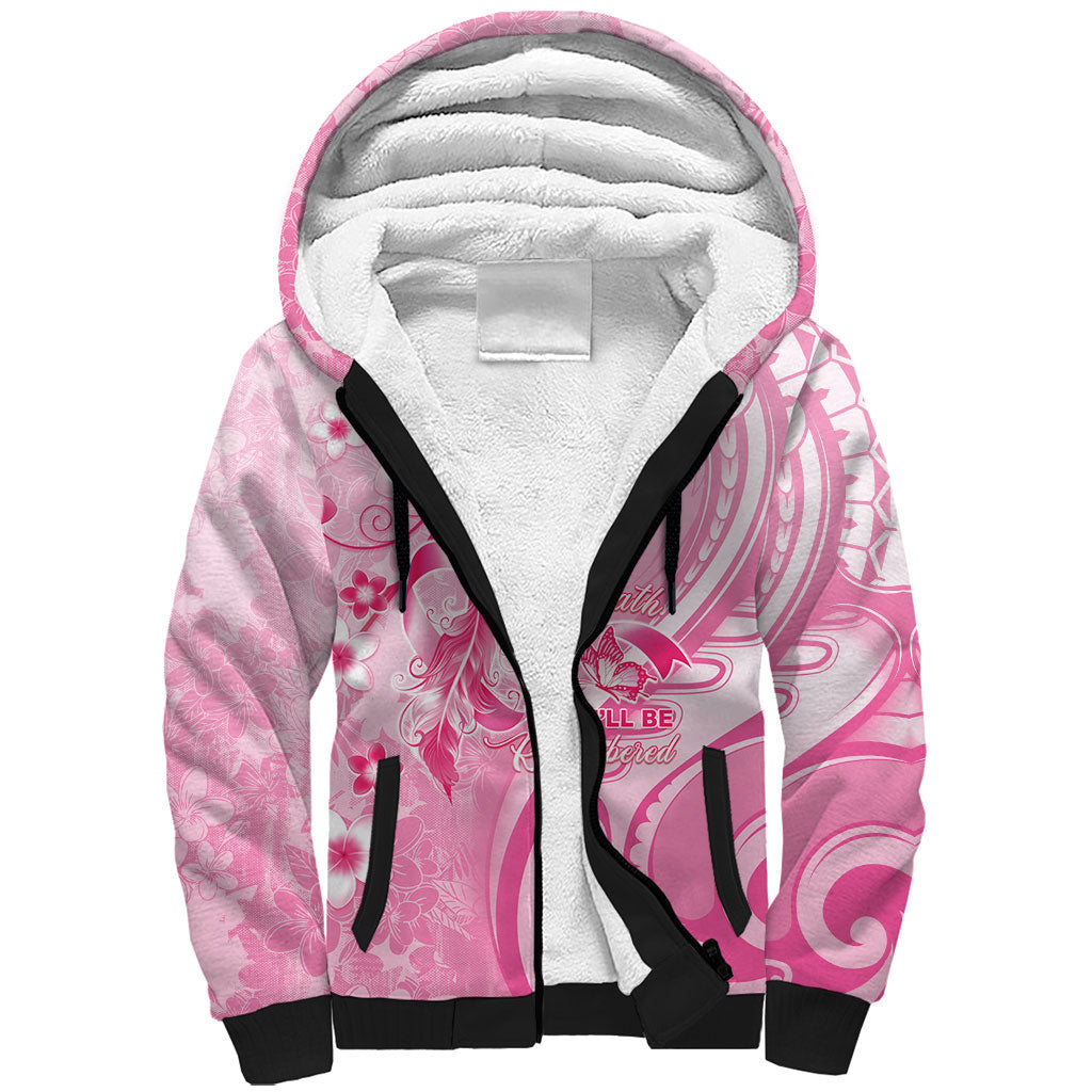 Personalised Memorial Pink Breast Cancer Support Sherpa Hoodie Plumeria Floral Tribal Pattern