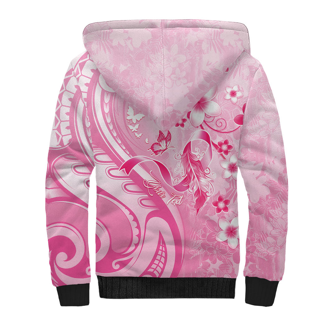 Personalised Memorial Pink Breast Cancer Support Sherpa Hoodie Plumeria Floral Tribal Pattern