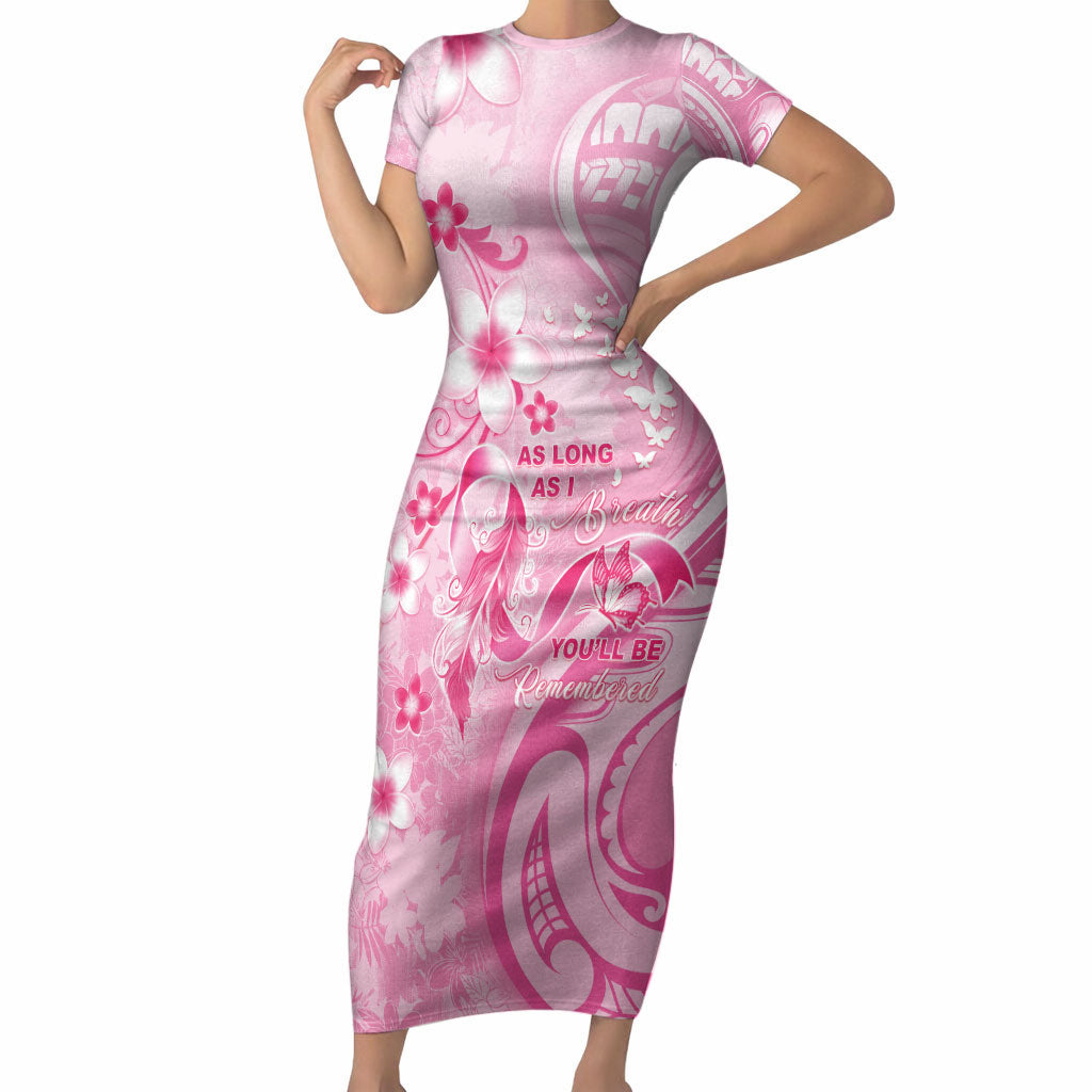 Personalised Memorial Pink Breast Cancer Support Short Sleeve Bodycon Dress Plumeria Floral Tribal Pattern