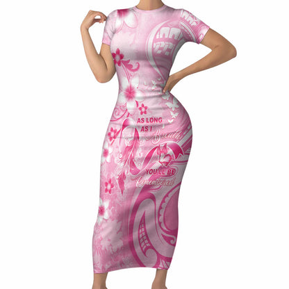 Personalised Memorial Pink Breast Cancer Support Short Sleeve Bodycon Dress Plumeria Floral Tribal Pattern