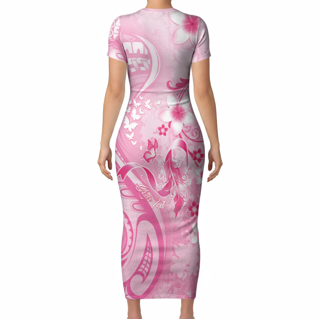 Personalised Memorial Pink Breast Cancer Support Short Sleeve Bodycon Dress Plumeria Floral Tribal Pattern