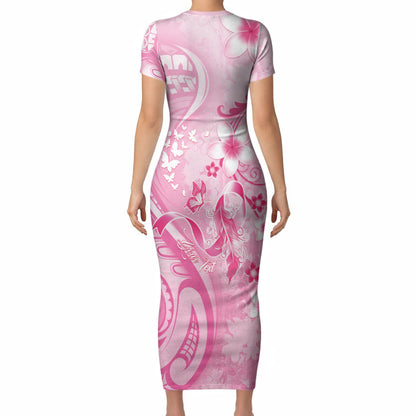 Personalised Memorial Pink Breast Cancer Support Short Sleeve Bodycon Dress Plumeria Floral Tribal Pattern