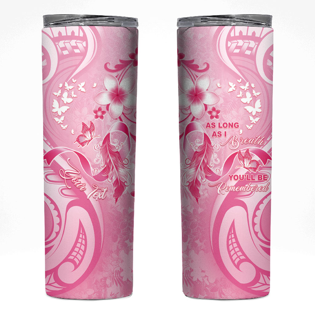 Personalised Memorial Pink Breast Cancer Support Skinny Tumbler Plumeria Floral Tribal Pattern